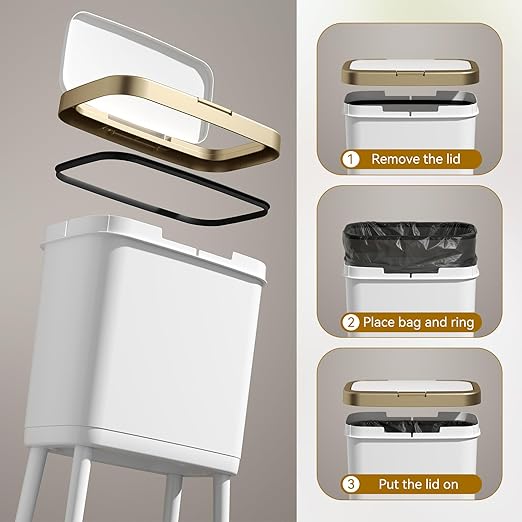 Procade Gold Bathroom Trash Can with Lid,15L Large Capacity Narrow Waste Basket with Pop-Up Lid,Covered White Office Trashcans for Near Desk,Plastic Garbage Bin for Kitchen,Bedroom,Dorm