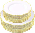 WDF 100pcs Gold Plastic Plates - High-end Baroque Design - Heavy Duty White &Gold Wedding Plates Set Ideal for Party/Wedding/Birthday/Mother's Day