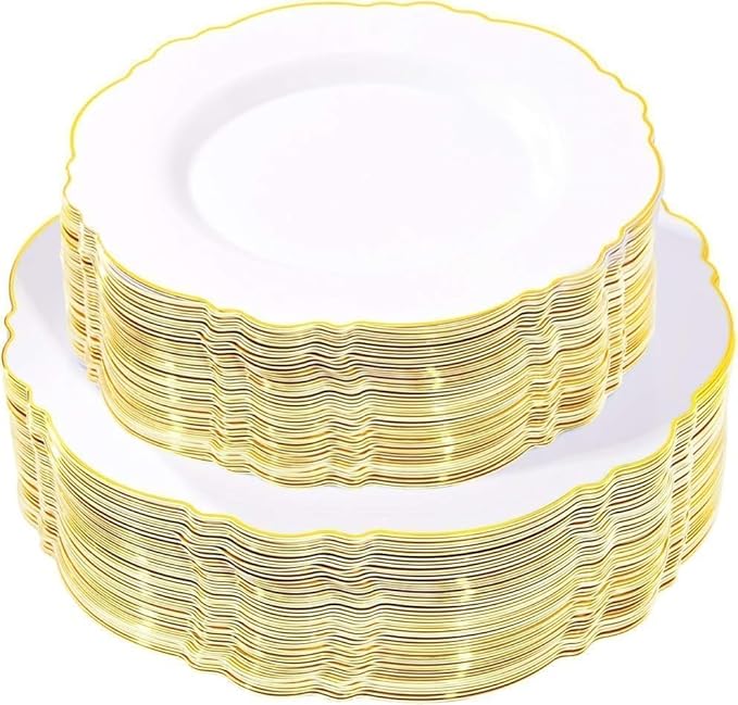 WDF 100pcs Gold Plastic Plates - High-end Baroque Design - Heavy Duty White &Gold Wedding Plates Set Ideal for Party/Wedding/Birthday/Mother's Day