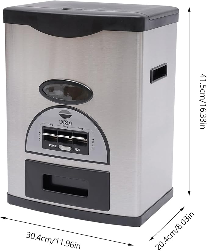 10Kg/22Lb Auto Rice Dispenser, Black Dispenser Three Gears Measuring Rice Storage Container Stainless Steel Rice Organization with Grains Tray Cone-Shaped Funnel Design