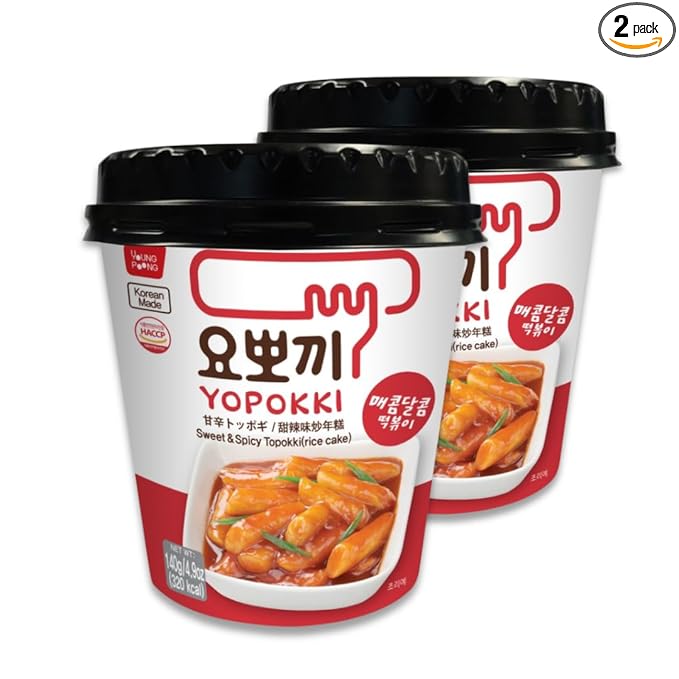 Yopokki Instant Tteokbokki Rice Cakes Korean, Sweet & Spicy Topokki Cup - Great with Cheese and Ramen Toppings, Korean Snacks for College Dorm, Korean Street Food Quick & Easy to Prepare, Pack of 2
