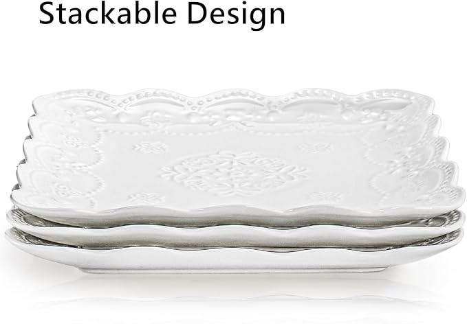 Tebery Set of 4 Square Embossed Ceramic Plate, 10 Inch Elegant Dinner Plates Ivory White, Appetizer Salad Serving Plates Kitchen Plates for Christmas Afternoon Tea Banquet Wedding Party Steak Pasta