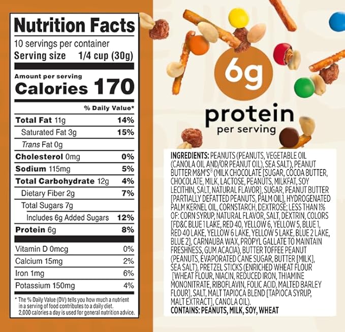 Snak Club Peanut Butter Chocolate Trail Mix with Peanuts, Peanut Butter M&M’S, Toffee Peanuts, and Pretzels, 11 oz Resealable Bag