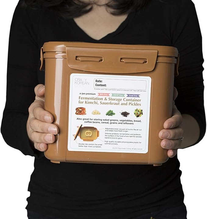 Crazy Korean Cooking Premium Kimchi, Sauerkraut Fermentation and Storage Container with Inner Vacuum Lid (0.9 Gal Sandy Brown (3.4L))