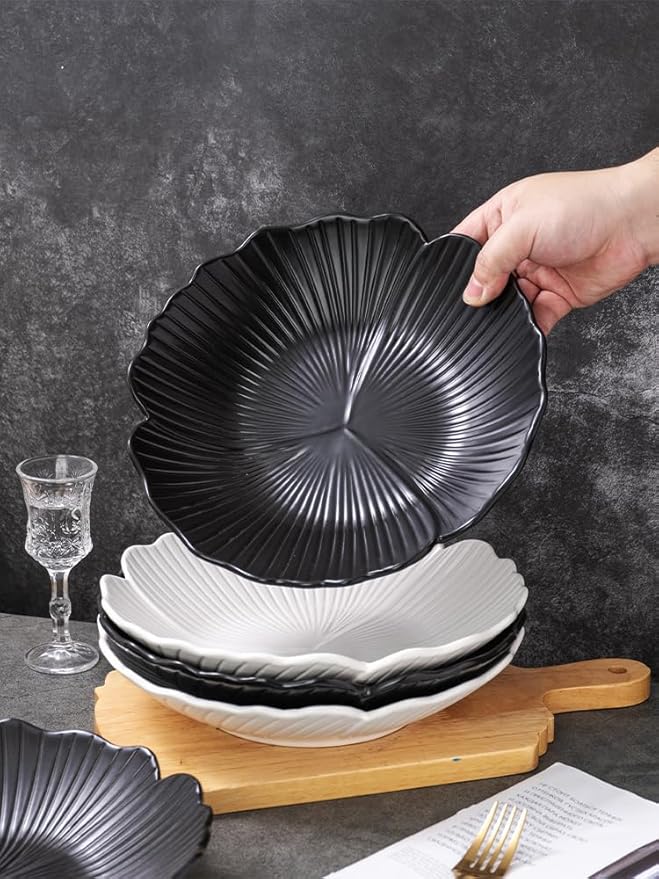 CLAY TONIC Set of 3-10 Inch Japanese Style Flower Petal Shaped Porcelain Round Dinner Plates/bowl, Versatile Circular Serving Plates for Pasta, Salad, Steak Dinner (Black, 10 Inches)