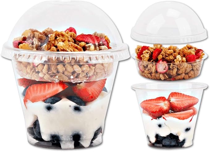 Aatriet 9 oz Clear Plastic Parfait Cups with Insert and Dome Lids No Hole - (50 Sets) Yogurt Fruit Parfait Cups for Kids, for Dips and Veggies, Take Away Breakfast and Snacks. No Leaking