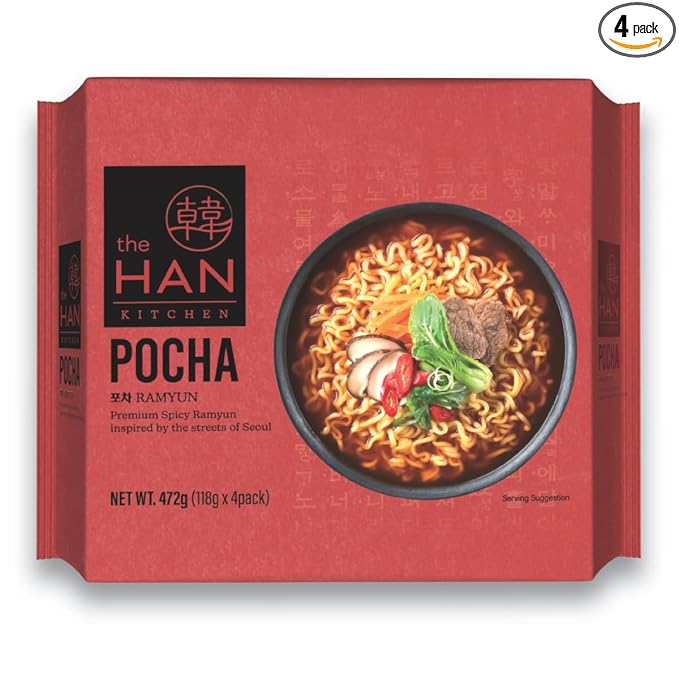 The Han Kitchen Pocha Ramyun, Pack of 4 (118g Each) – Korean Instant Ramen with Thick Chewy Noodles, Spicy Savory Broth – Seoul Pocha Street Style – Ready in 5 Minutes, Spicy