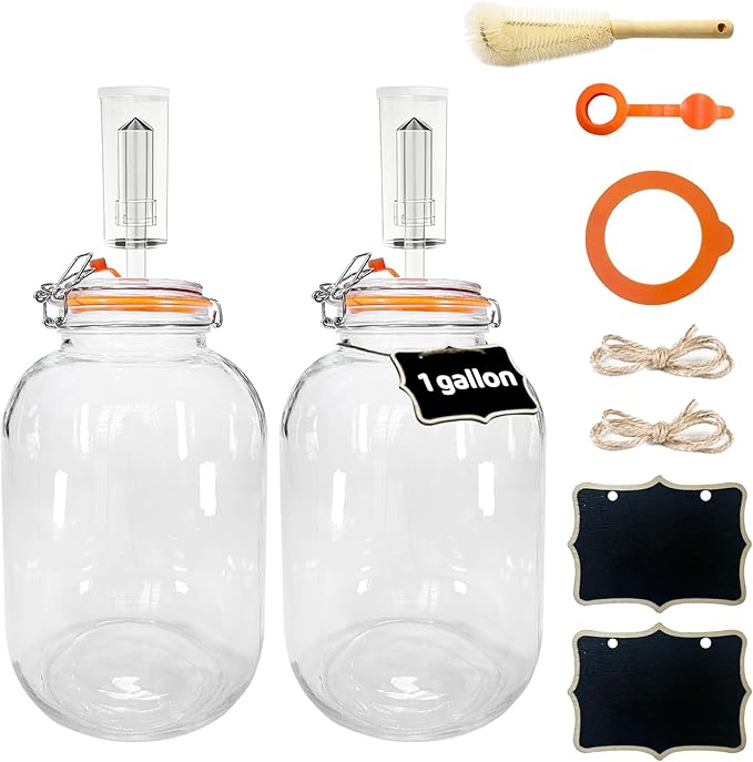 Klemon Fermentation Jar, 2 Pack 1 Gallon Pickle Kit,Glass Fermenting Jar with Fermenting Weights,Airlocks,Brush,Sealed fermentation lids Tracks ferment date