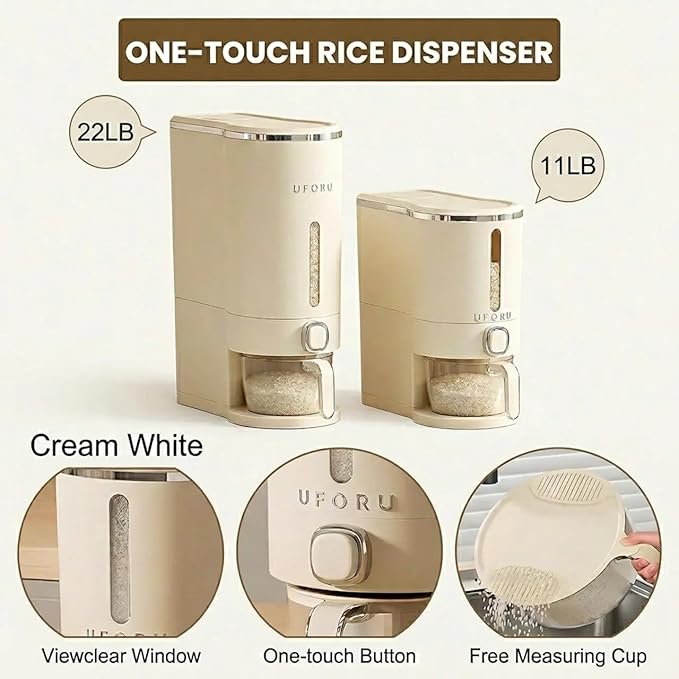 Rice Bucket With Measuring Cup,Kitchen Grain Storage Dispenser,Pantry & Home Dry Goods Container (22-Pound)