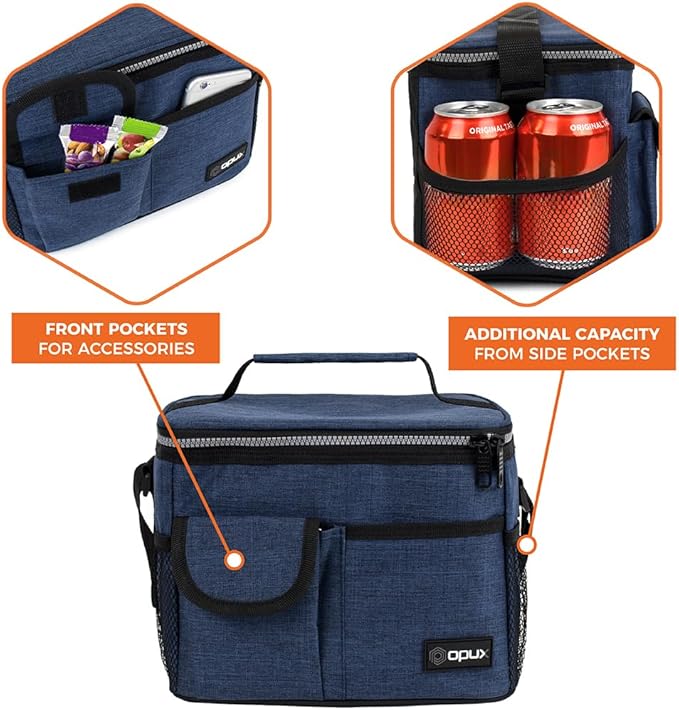 opux Insulated Lunch Box for Men Women Kids, Leakproof Reusable Lunch Bag Cooler for Work School Office, Soft Thermal Lunchbox Tote with Shoulder Strap for Boys Girls Adults, Heather Navy, 14 Can/8L