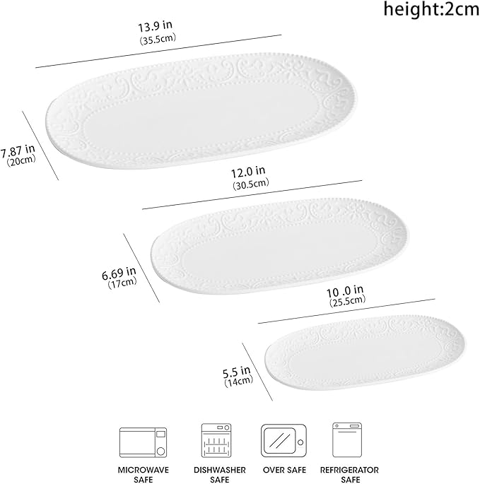Oval Embossed Serving Platter Set, Stackable Serving Tray, Ceramics White Serving Platters for Entertaining, Serving Dishes for Wedding, Dishwasher & Oven Safe, Gift for Housewarming (3PCS)