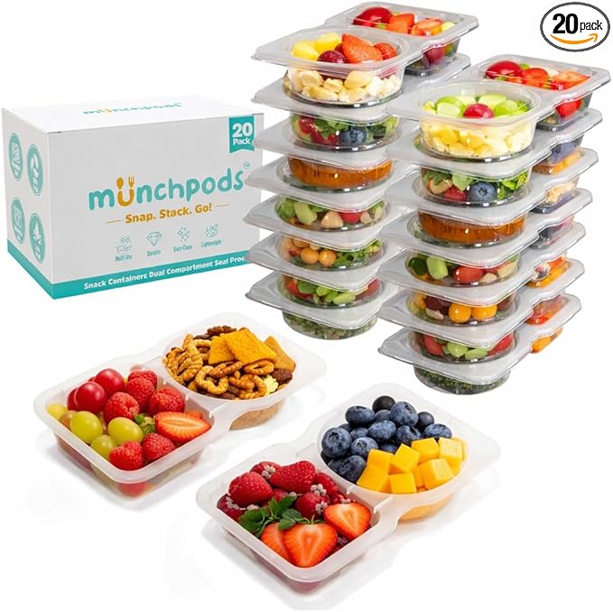Reusable Snack Containers with Lids 20 Pack (40 Pieces) Portion control, Snack Pack Containers 2 Double Compartment Snack Containers for Kids On the Go Meals, Camping Snack Tray Prep