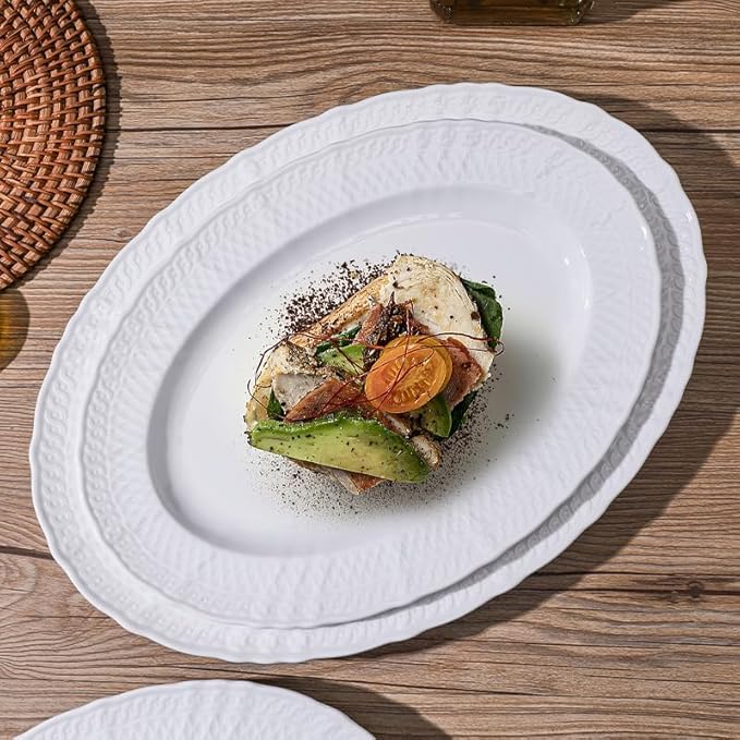 10.5 Inch Porcelain Oval Platters Set of 4,Serving Plates,White,Embossed,Heat Resistant,Scratch Resistant,Highly Glossy Glaze,Dishwasher safe,Microwave safe (Moonshine Oval 10.5'')