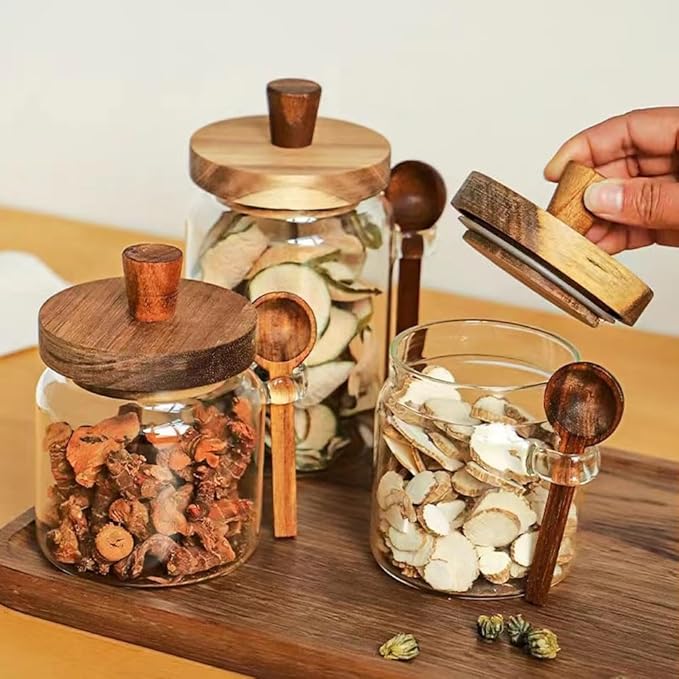 Glass Jars with Wooden Lids and Spoons set of 3,Clear Glass Coffee Containers with Scoop Decorative Kitchen Food Storage Jars for Coffee Beans,Tea,Nut Candy,Sugar,Bath Salts(17OZ/22OZ/27OZ)