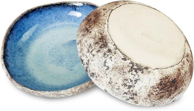 roro 8 Inch Handmade Coral Ceramic Stoneware Bowls Set of 2 - Rustic Charm, Tropical Style, Coral Blue with Rustic Textured Finish, Serving Bowls for Beach