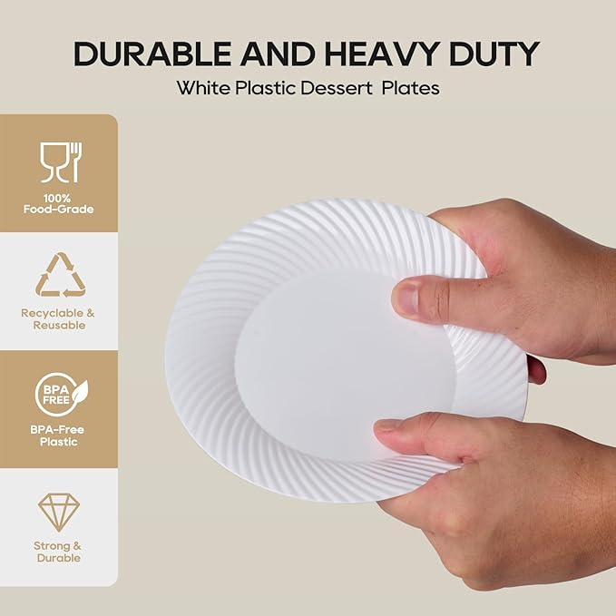FOCUSLINE 7 Inch White Plastic Plates, 100 Count Disposable Heavy Duty Salad Dessert Plates, Premium Hard Plastic for Weddings, Parties and Events