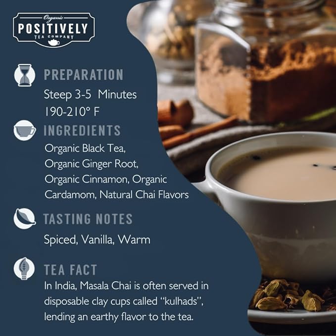 Organic Positively Tea Company, Masala Chai Black Tea Bags, 20 Count