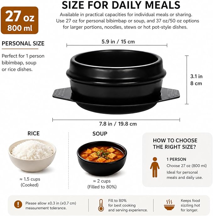 XICHENGSHIDAI Korean Stone Bowl with Tray, Dolsot Bibimbap Bowl, Earthenware Ceramic Hot Pot for Soup, Stew, Rice, Ramen and Ttukbaegi, Oven & Stovetop Safe, Black - 27oz