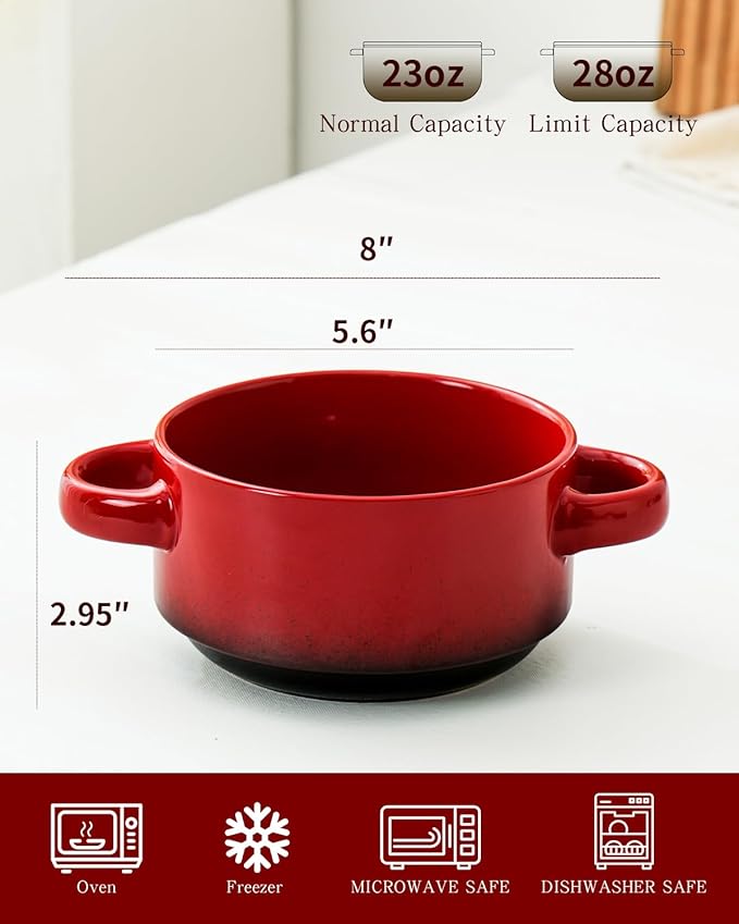 French Onion Soup Bowls with Handles, Oven & Microwave Safe, Set of 4 28 Oz Porcelain Soup Bowls for Chili, Stew, Pasta, Pot Pies – Stackable, Dishwasher Safe, Durable Ceramic Dinnerware