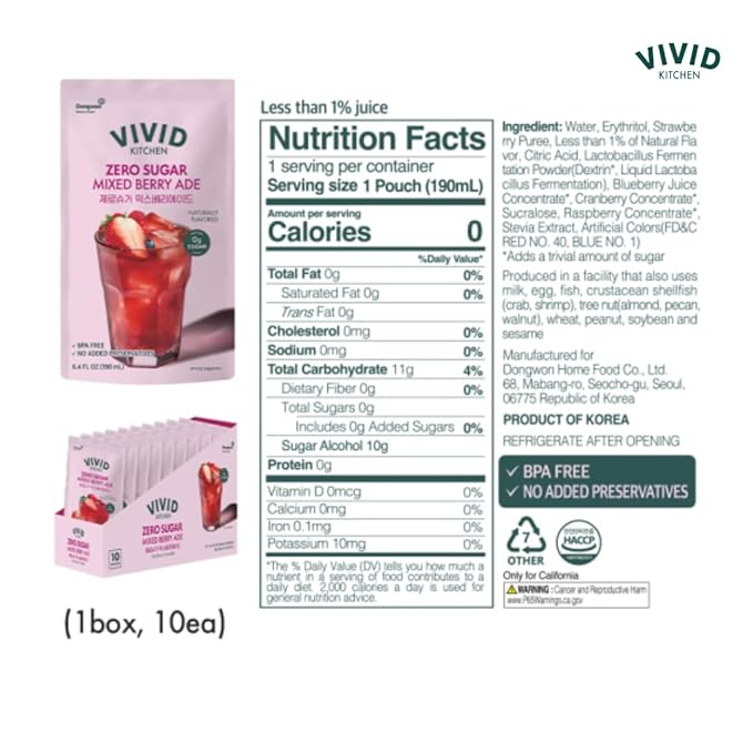VIVID KITCHEN | Mixed Berry Ade Pouch drinks – Zero Sugar, Zero Calories | Korean Convenience Store Drink | No Artificial Preservatives or Corn Syrup | 6.4 fl oz (10 Pouches) (10 Pouch, Mixed Berry Ade)