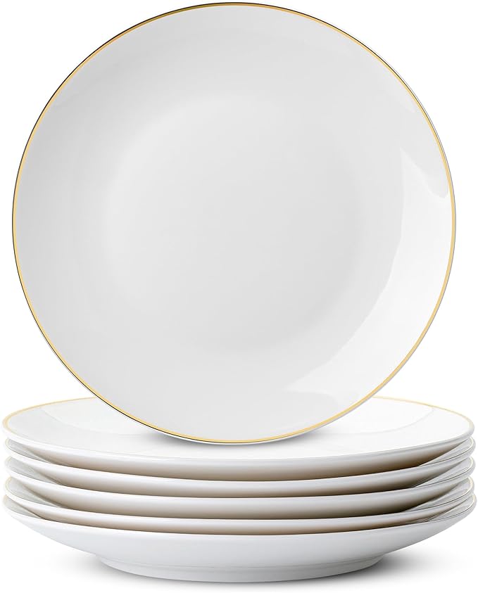 BTaT- White Dessert Plates with Gold Rim, Set of 6, 8" Round, Porcelain, Elegant Style, Dinner Plates