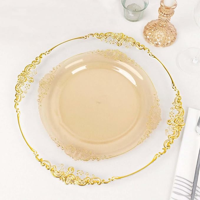 Efavormart 10 Pack | 10" Translucent Gold Baroque Dinner Plates, Leaf Embossed Metallic Rim Shatterproof Serving Plates for High-Fashion Galas