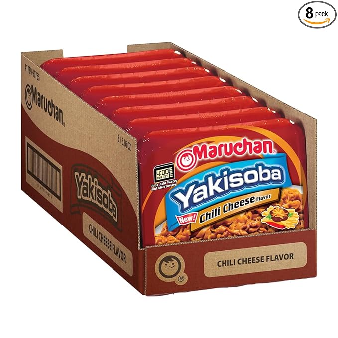 Maruchan Yakisoba, Chili Cheese Flavor – Stir-Fried Japanese Instant Ramen Noodles, High Protein Microwavable Meal – 3.86 Oz. (8 Pack)