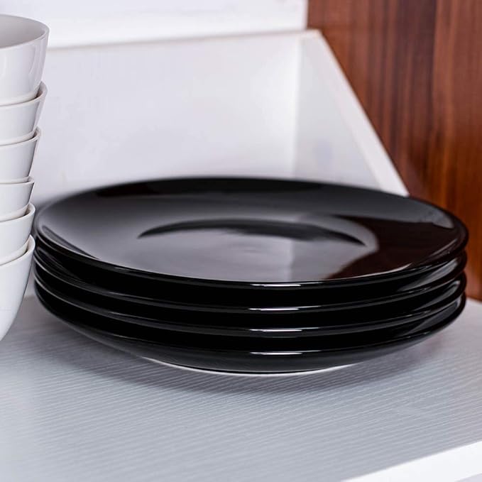 DELLING 10 Inch Black Dinner Plates Set of 4, Porcelain Round Plates - Microwave & Dishwasher Safe, Chip Resistant - Modern Matte Black Plates for Everyday Dining & Entertaining
