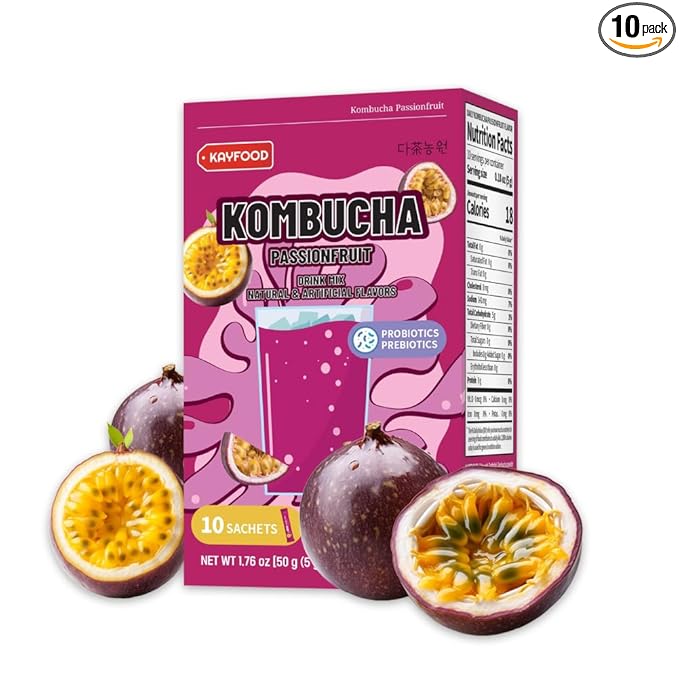 KAYFOOD-Kombucha-Peach-Garden-Daily Zero Sugar, Diet, Gut Healthy Sparkling Beverage, Fermented Korean Drinks for Iced, Hot, Workout Tea (10ST) (10ST, Passion Fruit)