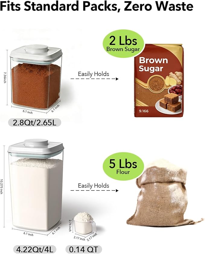 Airtight Food Containers Set with One-Touch Lid, Mixed Size Set (2.8 Qt + 4.2 Qt *2) with Scoop, Stackable Jars for Complete Kitchen Organization