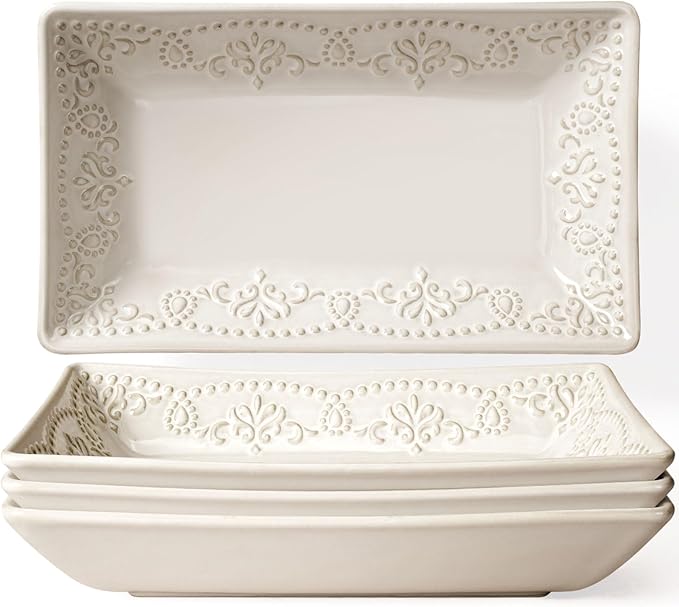 Artena 9.85" Ceramic Rectangle Plates Set of 4 - Deep Lipped Edges, Appetizer Salad Sushi Pasta Dessert Plates, Microwave/Oven Safe, Cute Kitchen Dinner Restaurant Serving Dishes (Damask Floral)