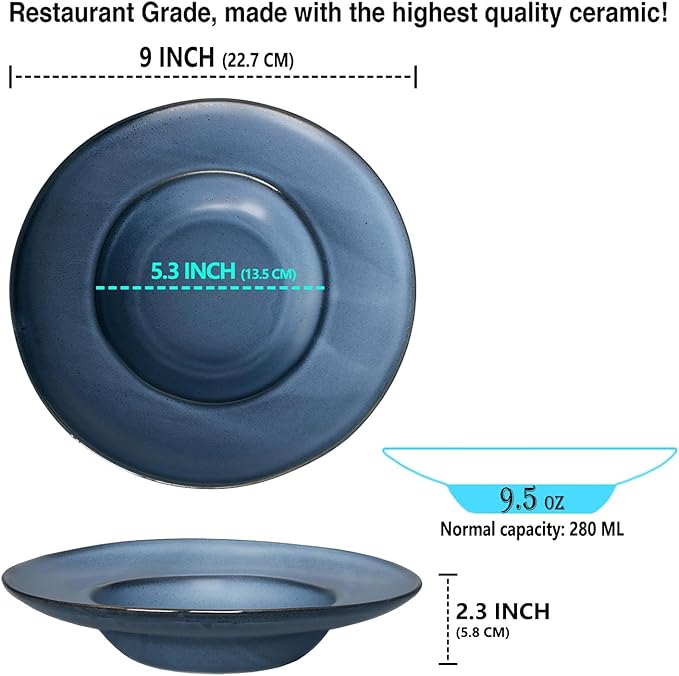 Rimmed Pasta Plate 9.5 oz, Pasta Bowl 2-Piece Set, Shallow Bowl Plate, Ceramic Wide Rimmed Soup Bowl, Best Choice for High-end Restaurants, Hotels and Gourmets, 9-inch Blue