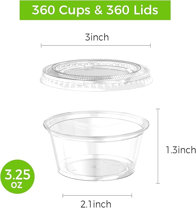 Dealusy 360 Set 3.25 oz Jello Shot Cups with Lids, Sturdy & Food Safe Disposable Plastic Portion Condiment Dipping Sauce Cups, Small Containers for Salad Dressing