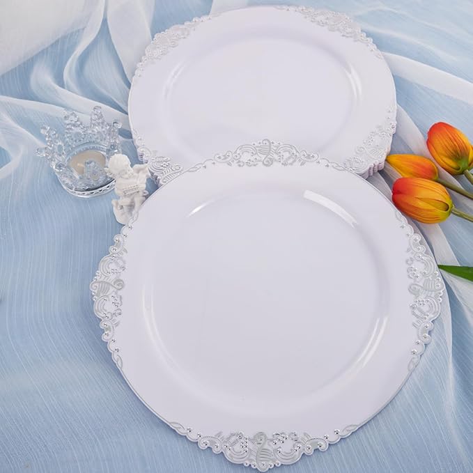 Hioasis 100pcs White Silver Plastic Plates for Party - 7.5" Dessert Plates Disposable, Heavy -duty, Classy and Elegant for Wedding