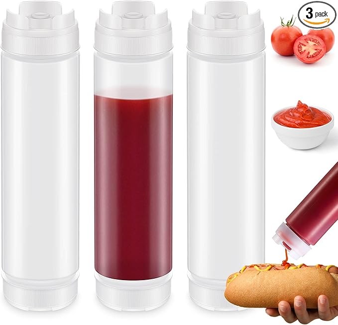 Sabary 3 Pcs 16 oz Inverted Plastic Squeeze Bottles, Refillable Tip Large Valve Dispenser Condiment Squeeze Bottle for Sauces Ketchup Sour Cream Self Sealing Syrup Dispenser for Restaurants (White)