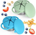 Daximo 2 Pack Snack Cups for Toddlers Spill Proof - Detachable Stainless Steel Toddler Snack Cups with Silicone Lids & Handles - Dishwasher Safe Baby Snack Containers (Niagara Blue and Sage Green)