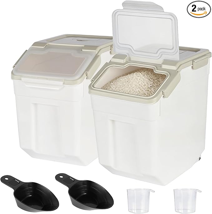 Rice Storage Container 50 lbs Large Household Flour Sugar Containers Airtight Grain Cereal Dispenser with Wheels, Locking Lid & Measuring Cup for Kitchen Pantry Organization, 2 Pack(Grey)