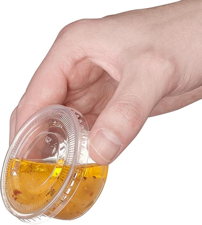 GUSTO 2 oz Jello Shot Cups with Lids [200 Count] Clear Plastic Portion Containers, Condiment Cups for Sauces, Dressings & Samples – Durable, Stackable, Leak-Resistant (Formerly Comfy Package)