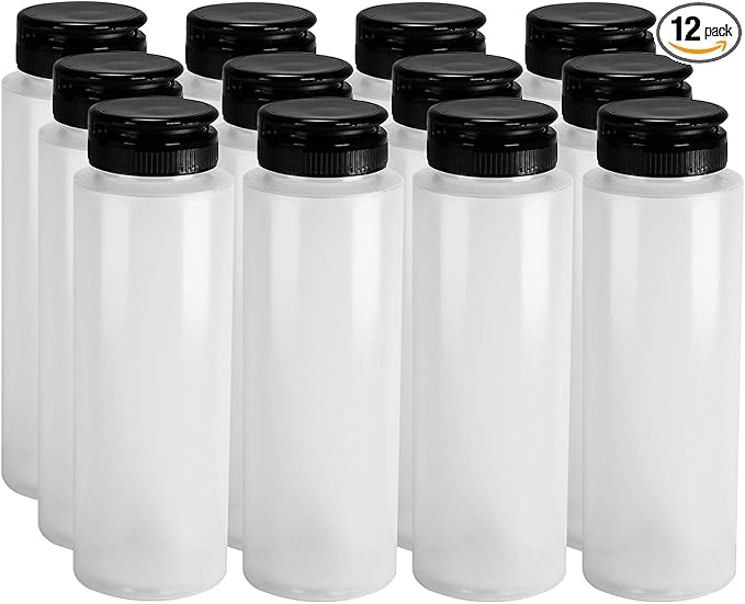 Pinnacle Mercantile Easy Squeeze Plastic Condiment Bottles with Black Flip Top Cap 8 oz Empty Set 12