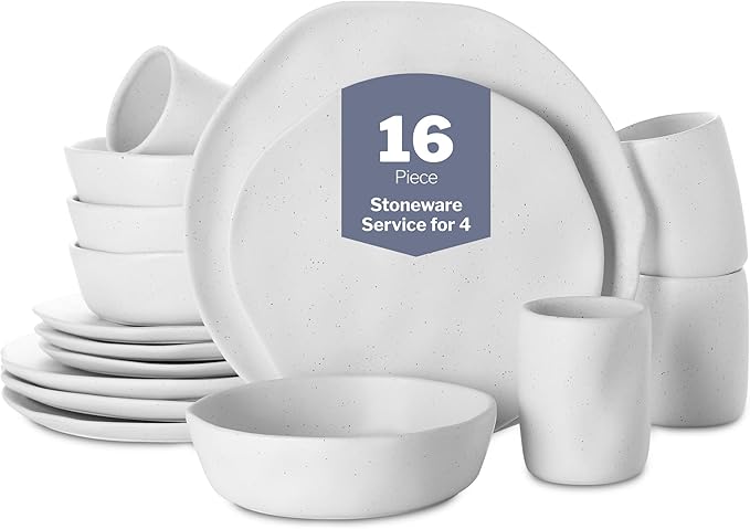 Stone by Mercer Project HEKONDA Modern Debossed Stoneware 16-Piece Dinnerware Set, Plate and Bowl Set, Dish Set for 4, White Speckled