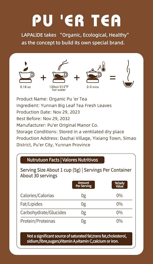 LAPALIDE 5.29 Oz Puerh Tea Loose Leaf, USDA Organic Pu erh Tea, Yunnan Puerh tea loose leaf Mellow and Rich, Pu'er Ancient Tree Leaves Using Dry Storage