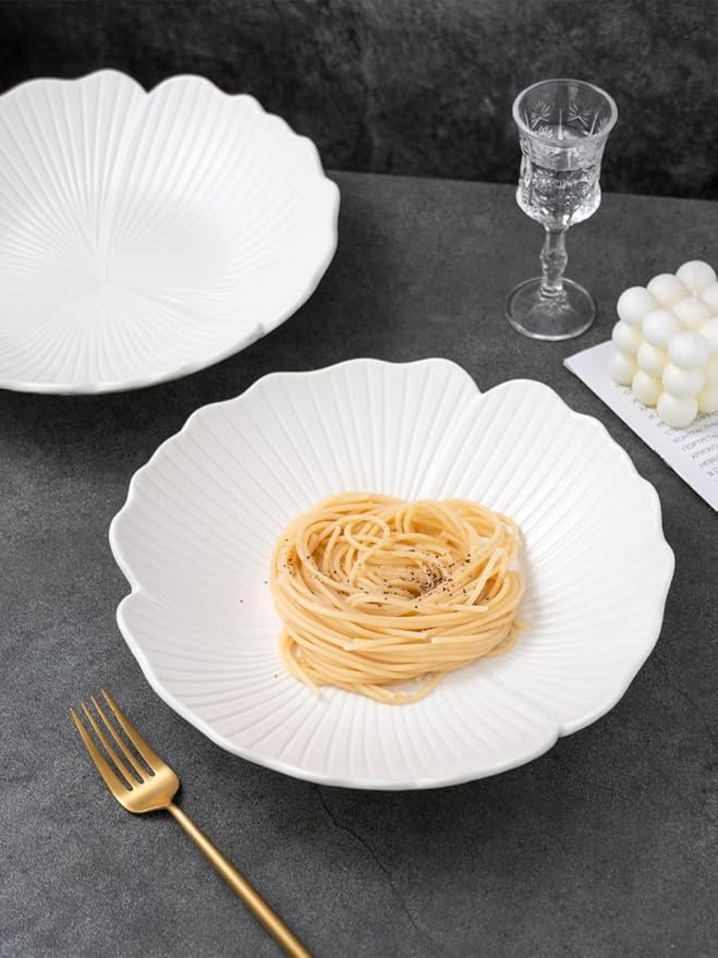 Jusalpha Set of 3-Japanese Style Flower Petal Shaped Porcelain Dinner Plates, Versatile Circular Serving Plates for Breakfast, Salad, Steak Dinner, PL019 (10 Inches, White)