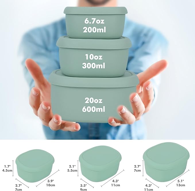 Anatole Silicone Food Storage Containers Set of 3 Lunch Box Bento with Lids BPA Free Dishwasher Microwave Oven Freezer Safe (6.7oz, 10oz, 20oz)