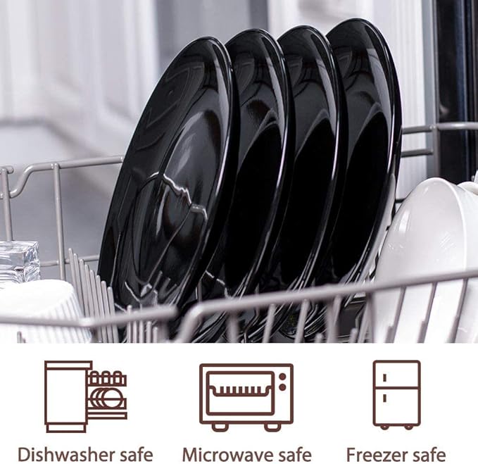 DELLING 10 Inch Black Dinner Plates Set of 4, Porcelain Round Plates - Microwave & Dishwasher Safe, Chip Resistant - Modern Matte Black Plates for Everyday Dining & Entertaining