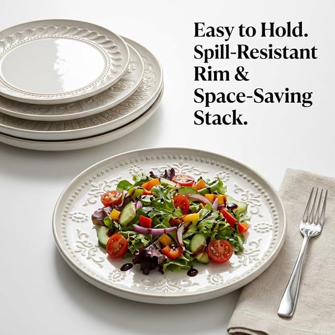 Artena Large Ceramic Dinner Plates Set Of 4, 10.75 Inch Embossed Kitchen Salad Plates, Modern Serving Plates For Restaurant, Plates With Lipped Edges, Microwave Dishwasher Safe (Damask Floral)