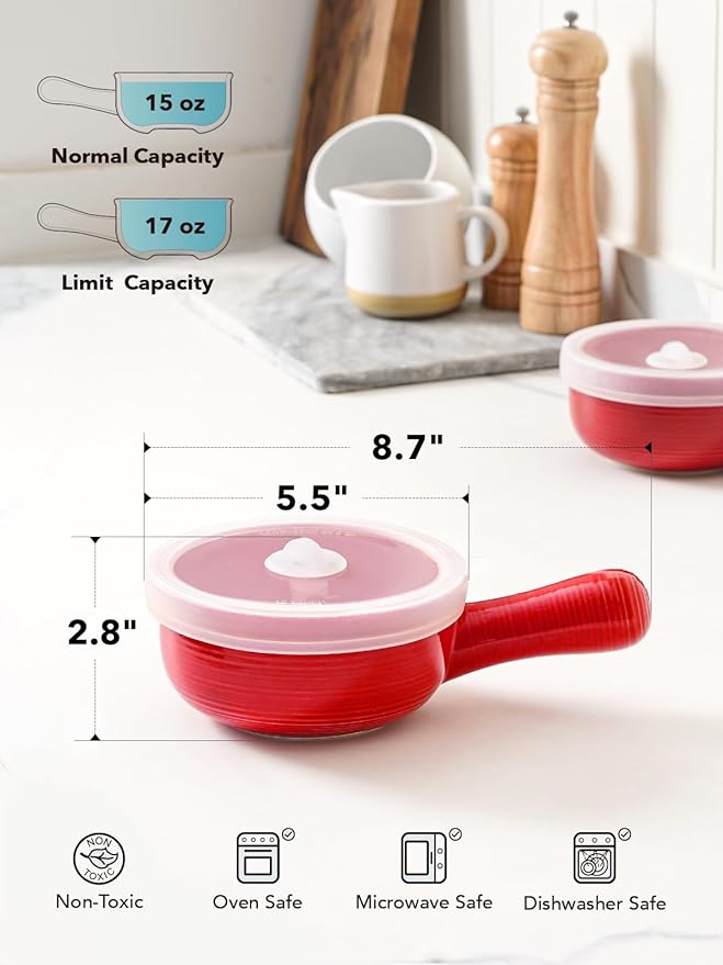 LE TAUCI Soup Bowls with Silicone Lids and Handles, 15 Oz French Onion Soup Bowls, Non-Toxic Ceramic Soup Crocks for Noodles, Stew, Cereal and Chilli, Oven Microwave Dishwasher Safe, Set of 2, Red