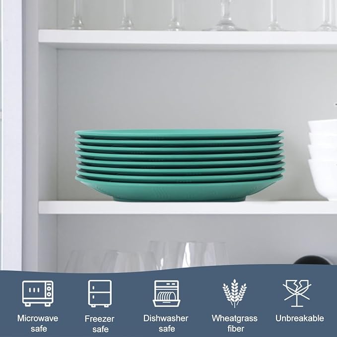 Homienly Flat Dinner Plates Set of 8 Alternative for Plastic Plates Microwave and Dishwasher Safe Wheat Straw Plates for Kitchen Unbreakable Kids Plates(Green, 10 inch)