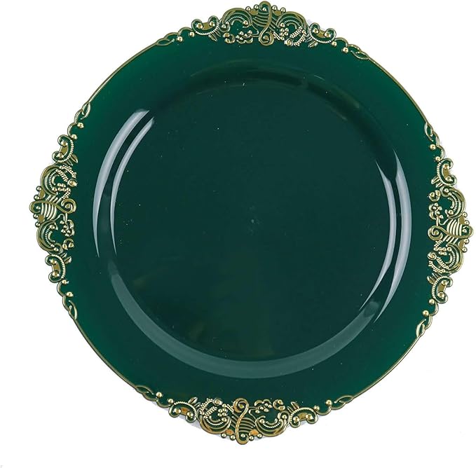 Efavormart 10 Pack | 8" Hunter Emerald Green and Gold Baroque Dessert Plates, Leaf Embossed Metallic Rim Heavy Duty Appetizer Plates for Garden Showers