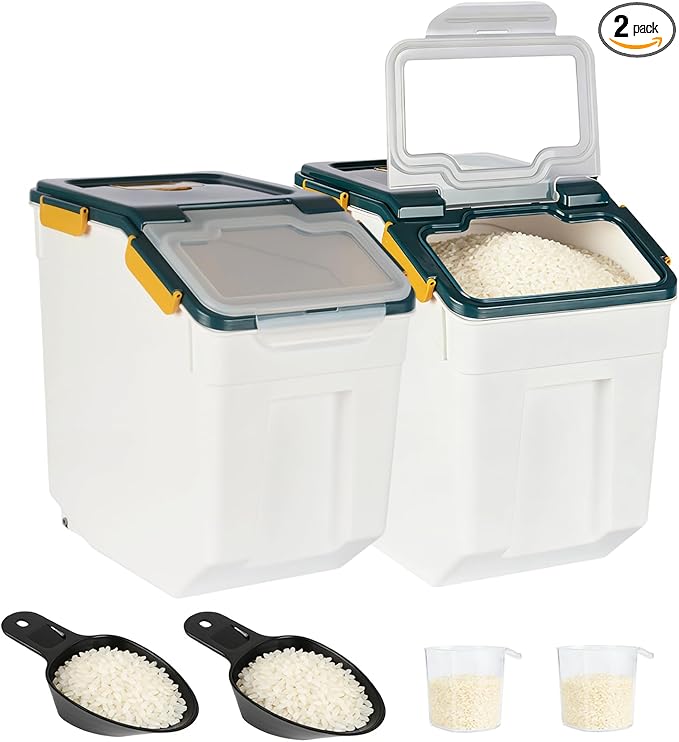 2 Pack Rice Container 50 lbs Large Bulk Flour Sugar Storage Holdhouse Plastic Grain Cereal Dry Goods Bin with Spoon and Measuring Cup for Kitchen Pantry Organization - Blue