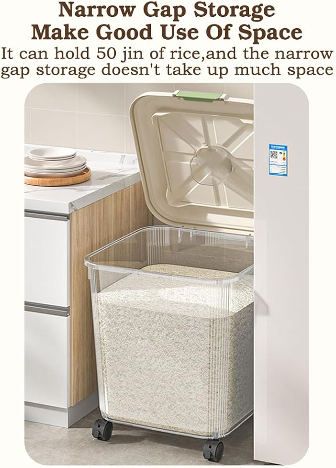 Food-Grade Rice Storage Container with Measuring Cup/Wheels – Airtight, Anti-Insect, Moisture-Proof Bin for Rice, Flour, Pet Food – Large Kitchen & Pantry Organizer (02,55 lbs(with wheels))